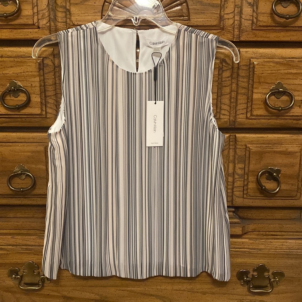 Calvin Klein Sleeveless Blouse Gray/Pink/Black Striped Women’s Petite Medium